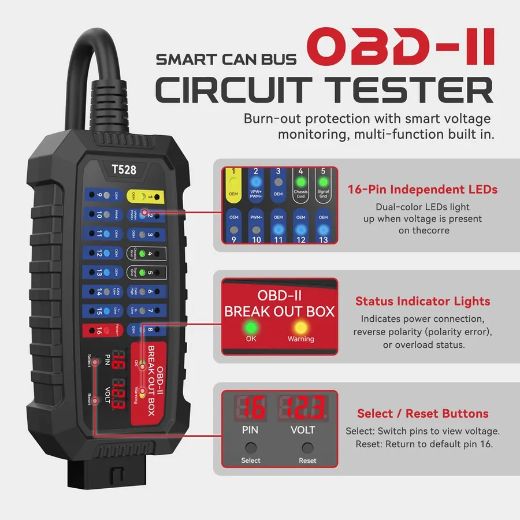 T528 — Caja de pruebas OBD2 (breakout box)